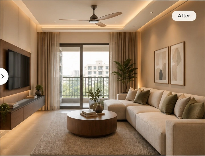 Redesigned living room with warm lighting, a sofa, artwork and layered textures