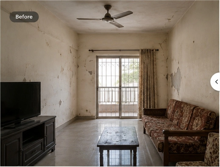 Living room before redesign, with unfinished walls and minimal furnishings